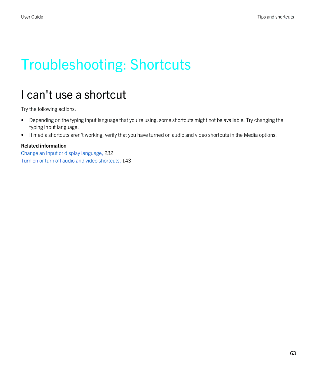 Blackberry 9810 manual Troubleshooting Shortcuts, Cant use a shortcut 