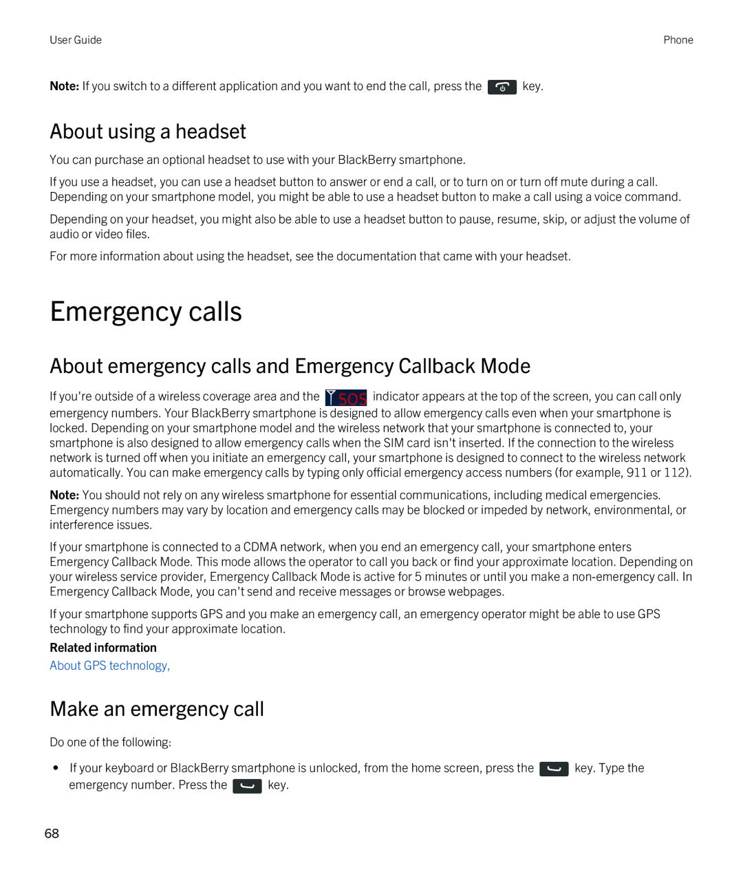 Blackberry 9810 manual Emergency calls, About using a headset, About emergency calls and Emergency Callback Mode 