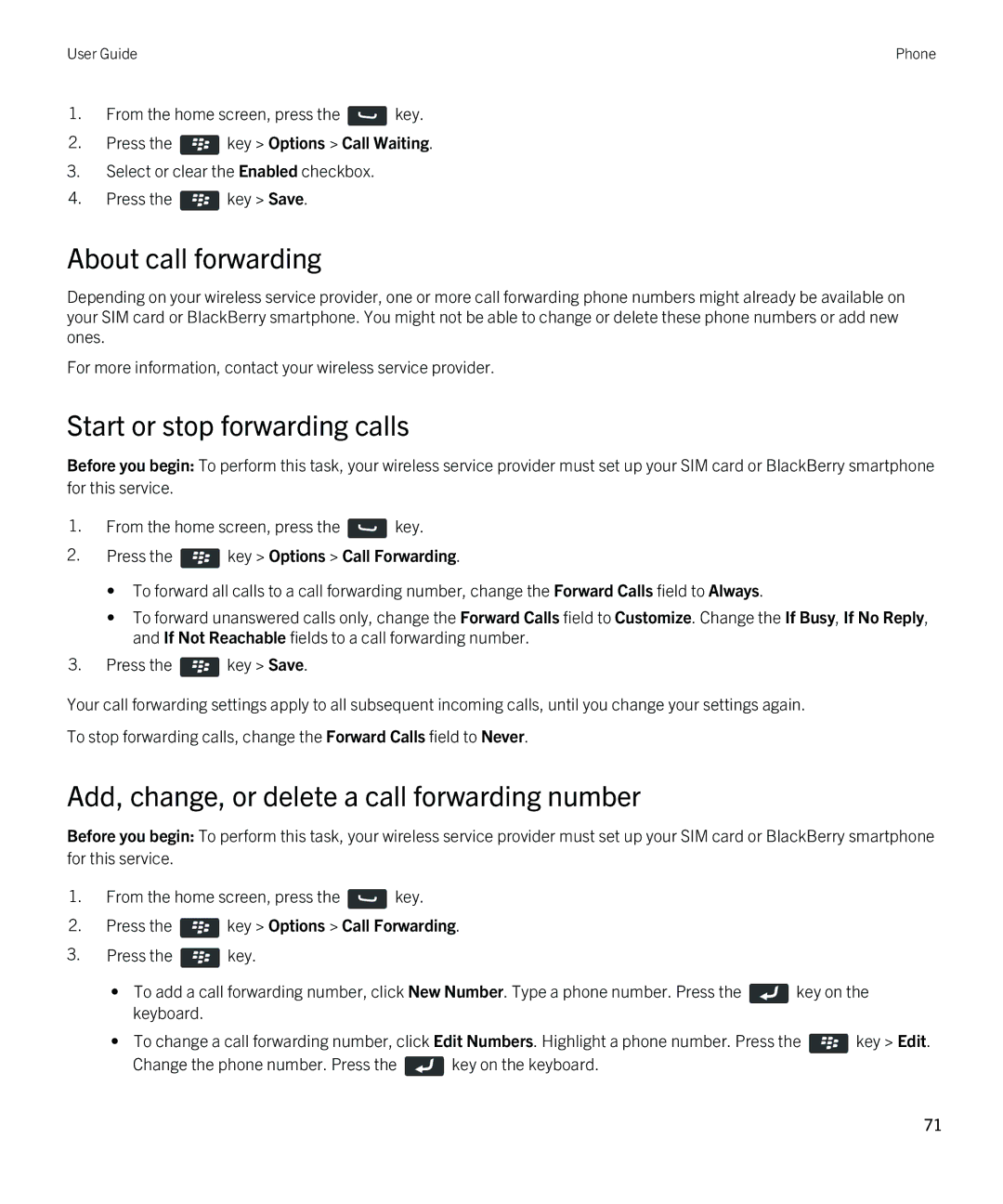 Blackberry 9810 About call forwarding, Start or stop forwarding calls, Add, change, or delete a call forwarding number 