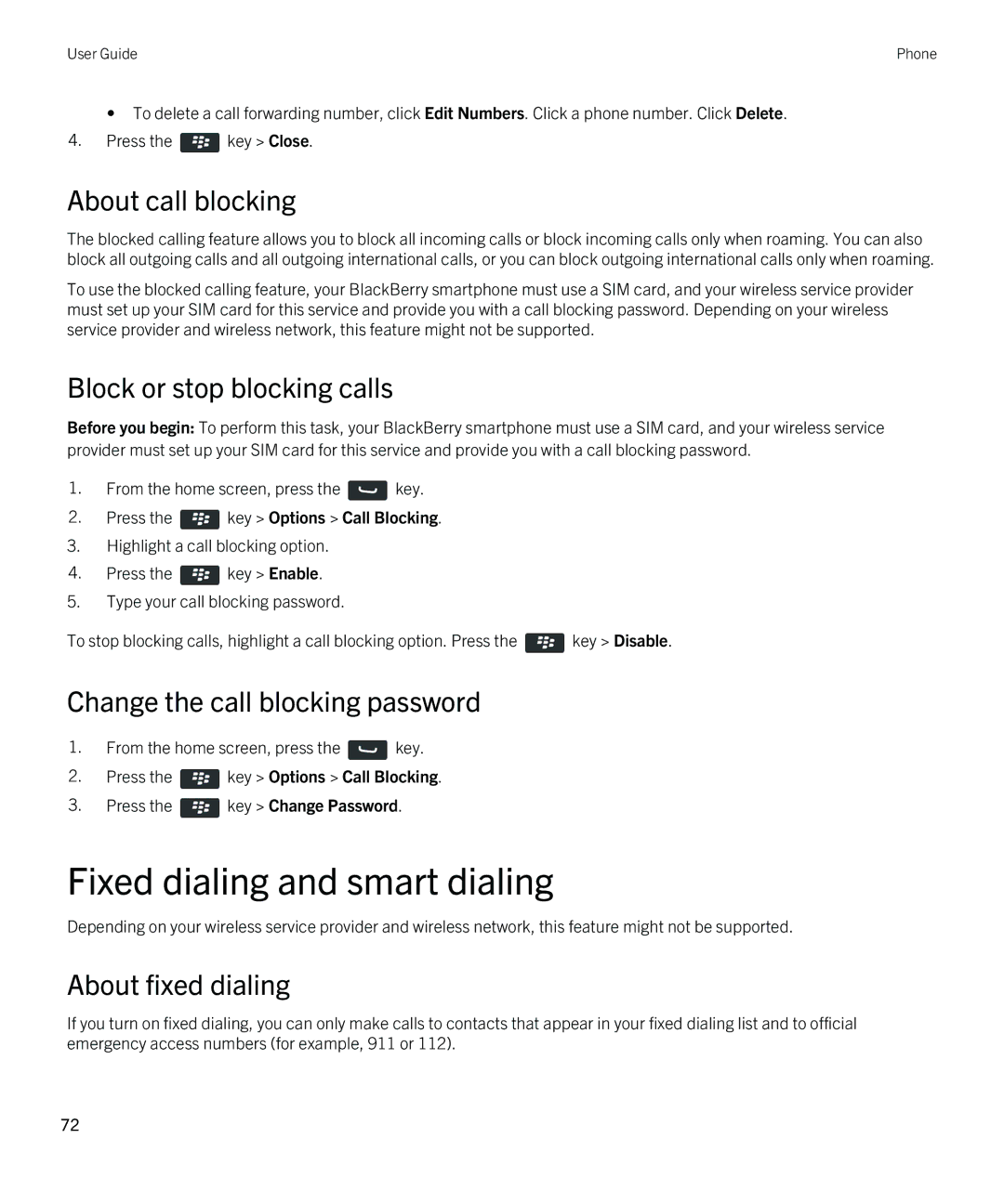 Blackberry 9810 Fixed dialing and smart dialing, About call blocking, Block or stop blocking calls, About fixed dialing 