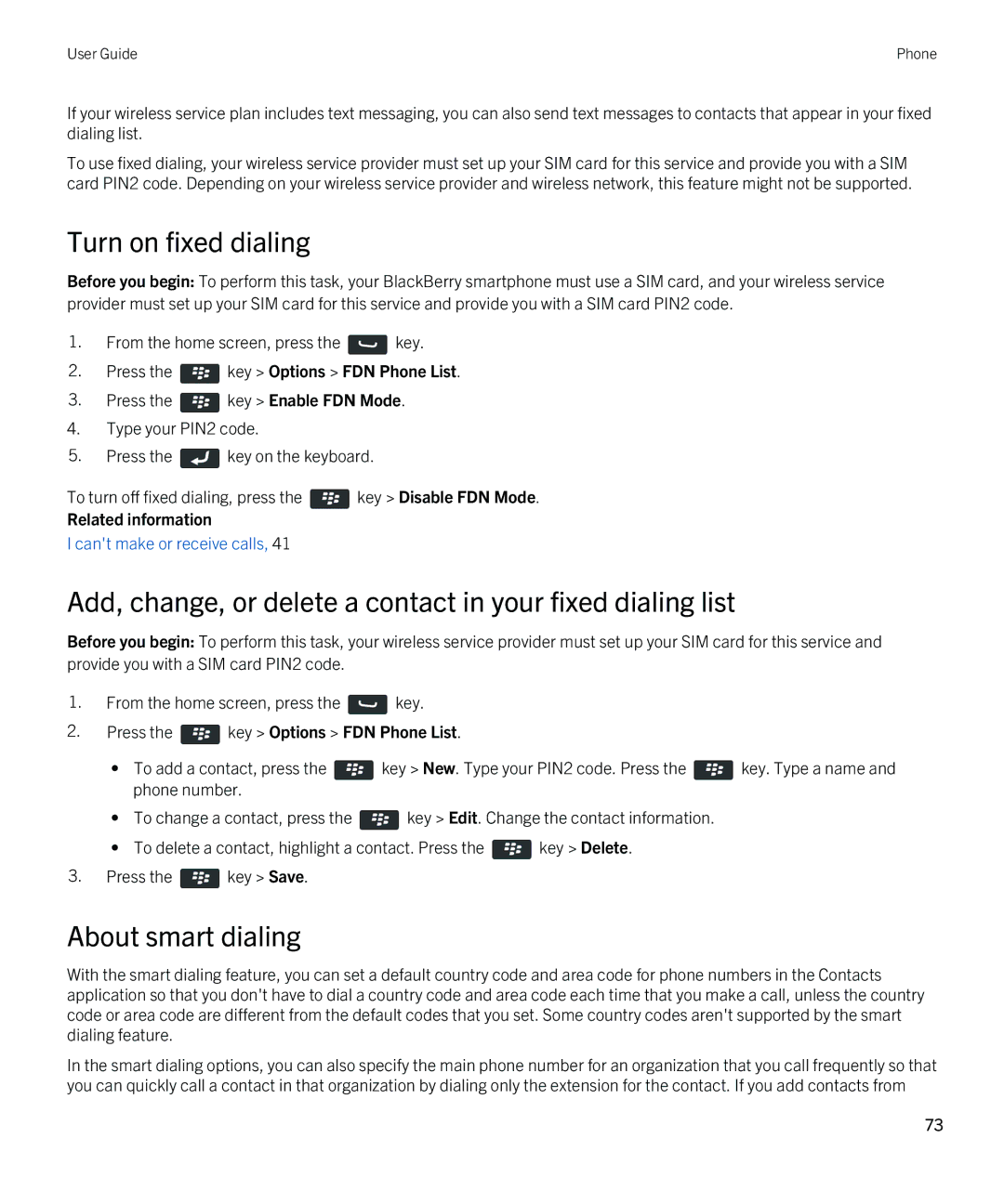 Blackberry 9810 Turn on fixed dialing, Add, change, or delete a contact in your fixed dialing list, About smart dialing 