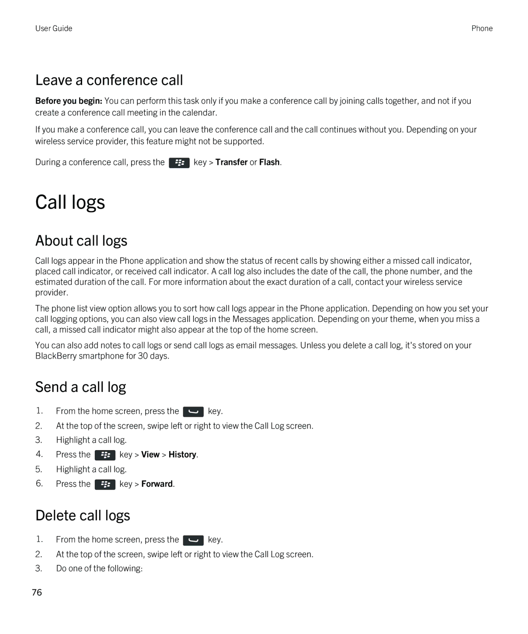 Blackberry 9810 manual Call logs, Leave a conference call, About call logs, Send a call log, Delete call logs 