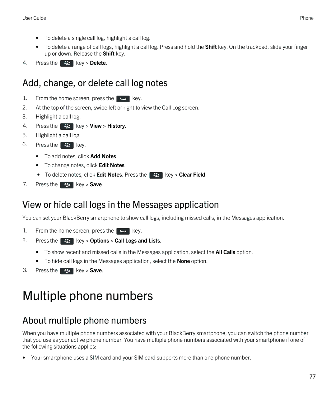 Blackberry 9810 manual Multiple phone numbers, Add, change, or delete call log notes, About multiple phone numbers 