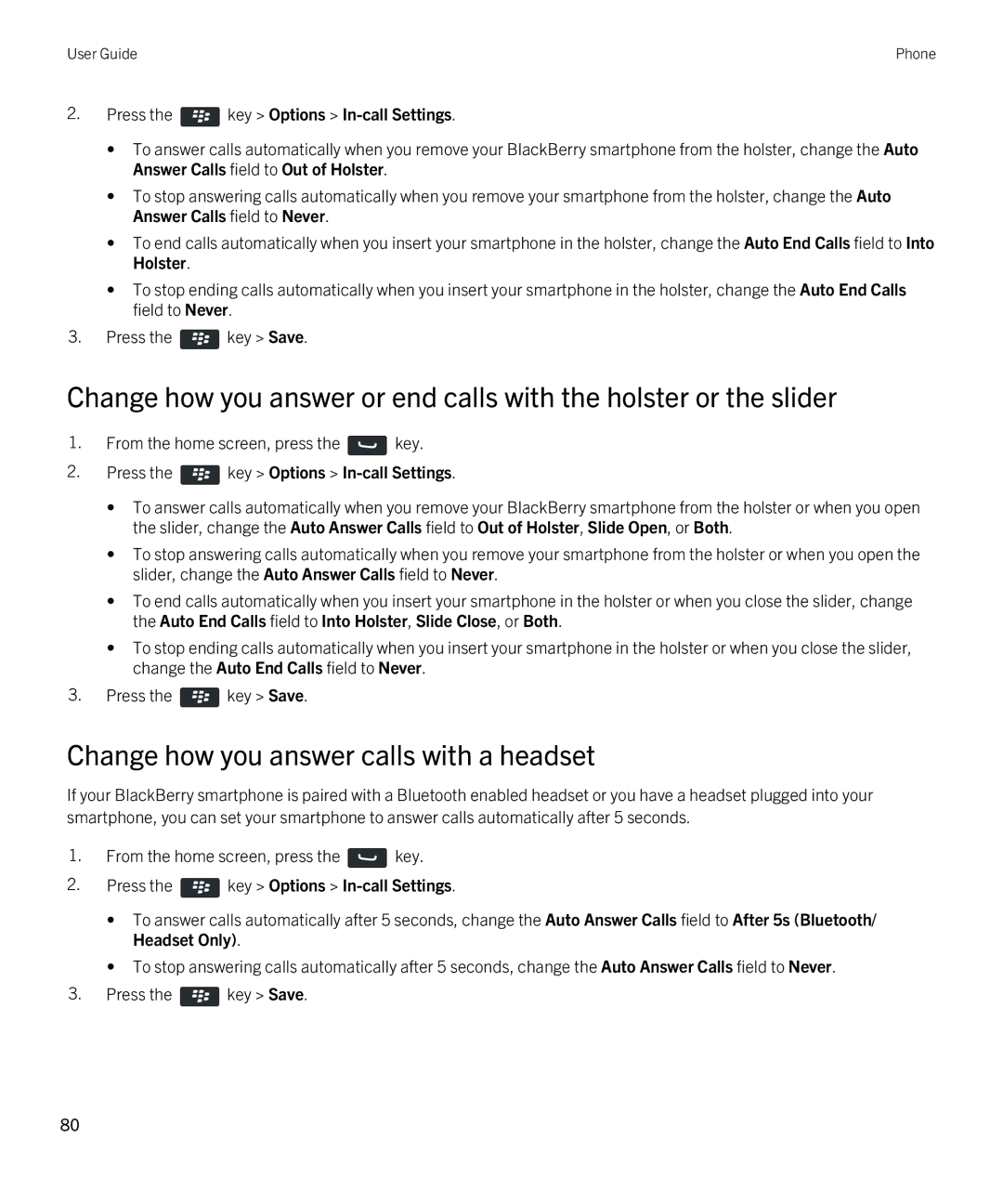 Blackberry 9810 manual Change how you answer calls with a headset 