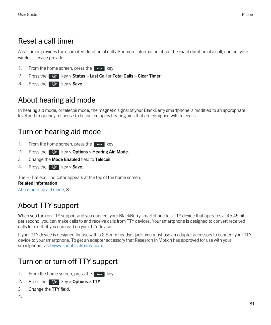 Blackberry 9810 manual Reset a call timer, About hearing aid mode, Turn on hearing aid mode, About TTY support 