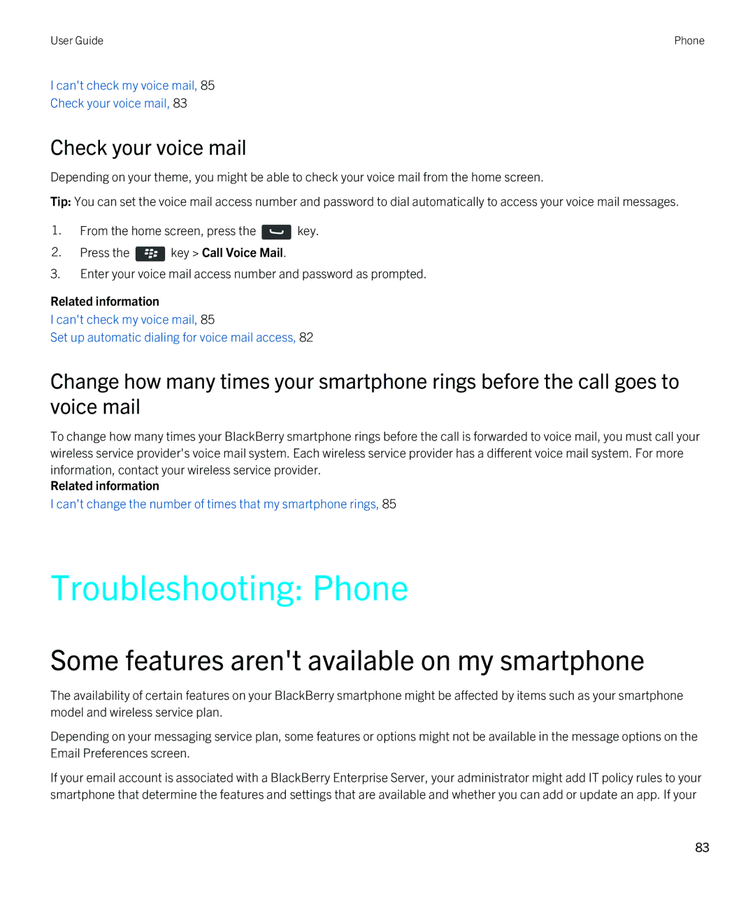 Blackberry 9810 manual Troubleshooting Phone, Some features arent available on my smartphone, Check your voice mail 