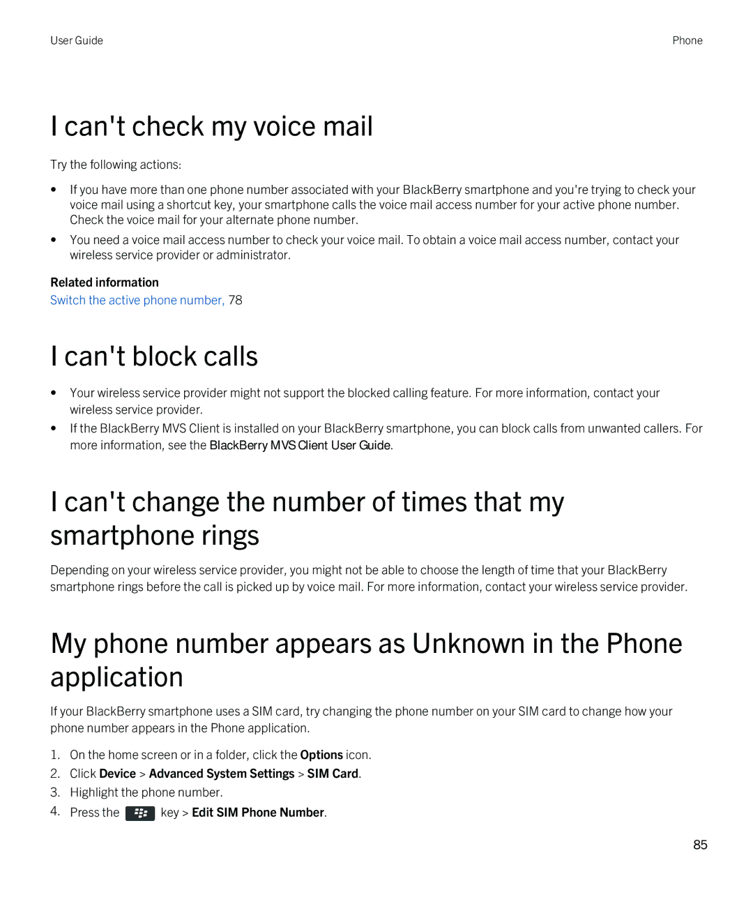 Blackberry 9810 manual Cant check my voice mail, Cant block calls, Cant change the number of times that my smartphone rings 