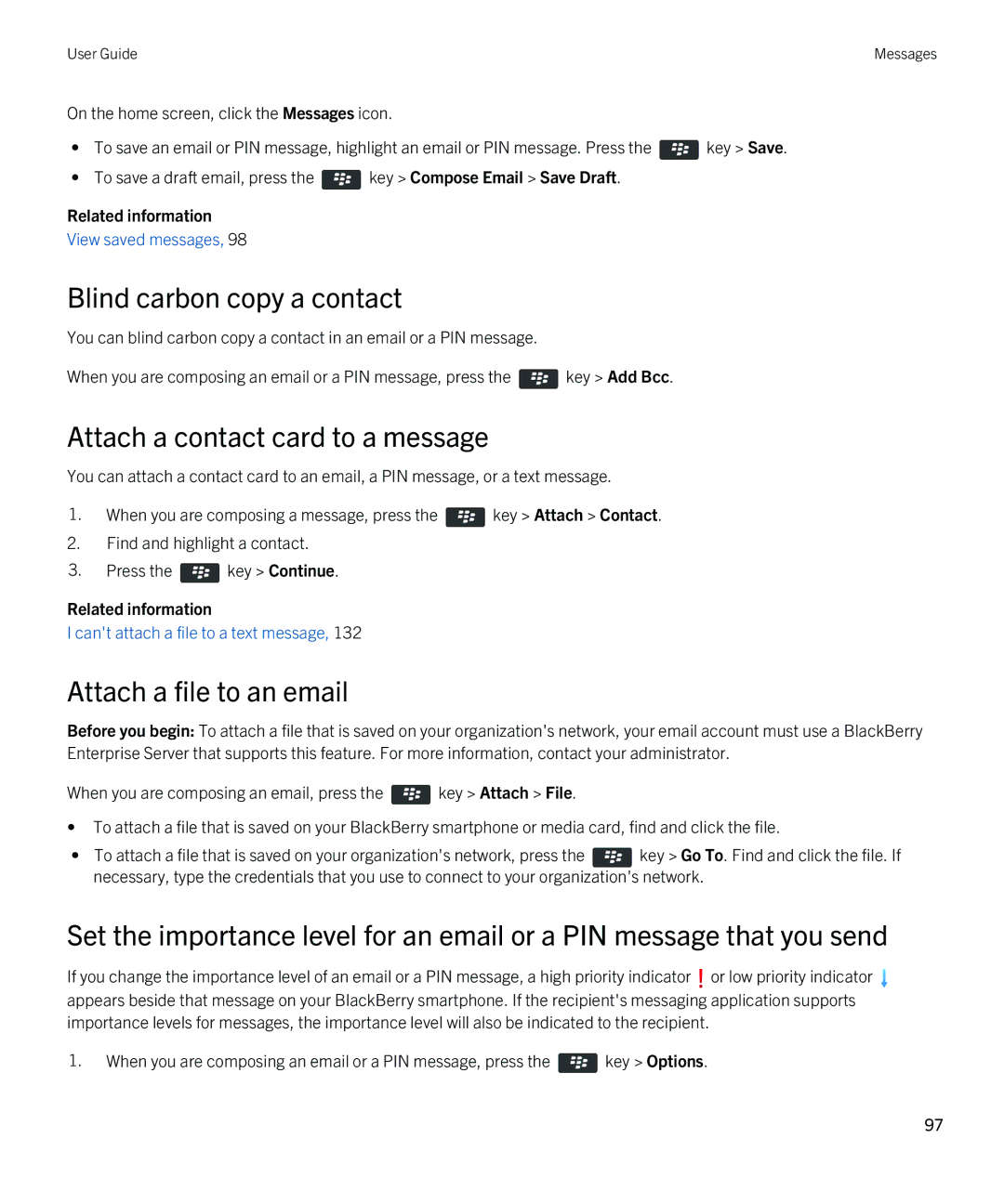 Blackberry 9810 manual Blind carbon copy a contact, Attach a contact card to a message, Attach a file to an email 
