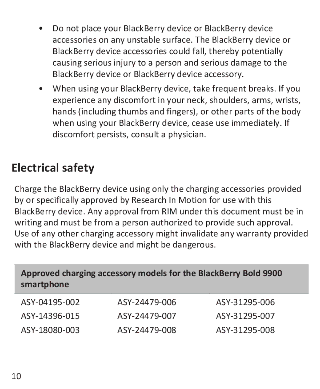 Blackberry 9930, 9900 manual Electrical safety 