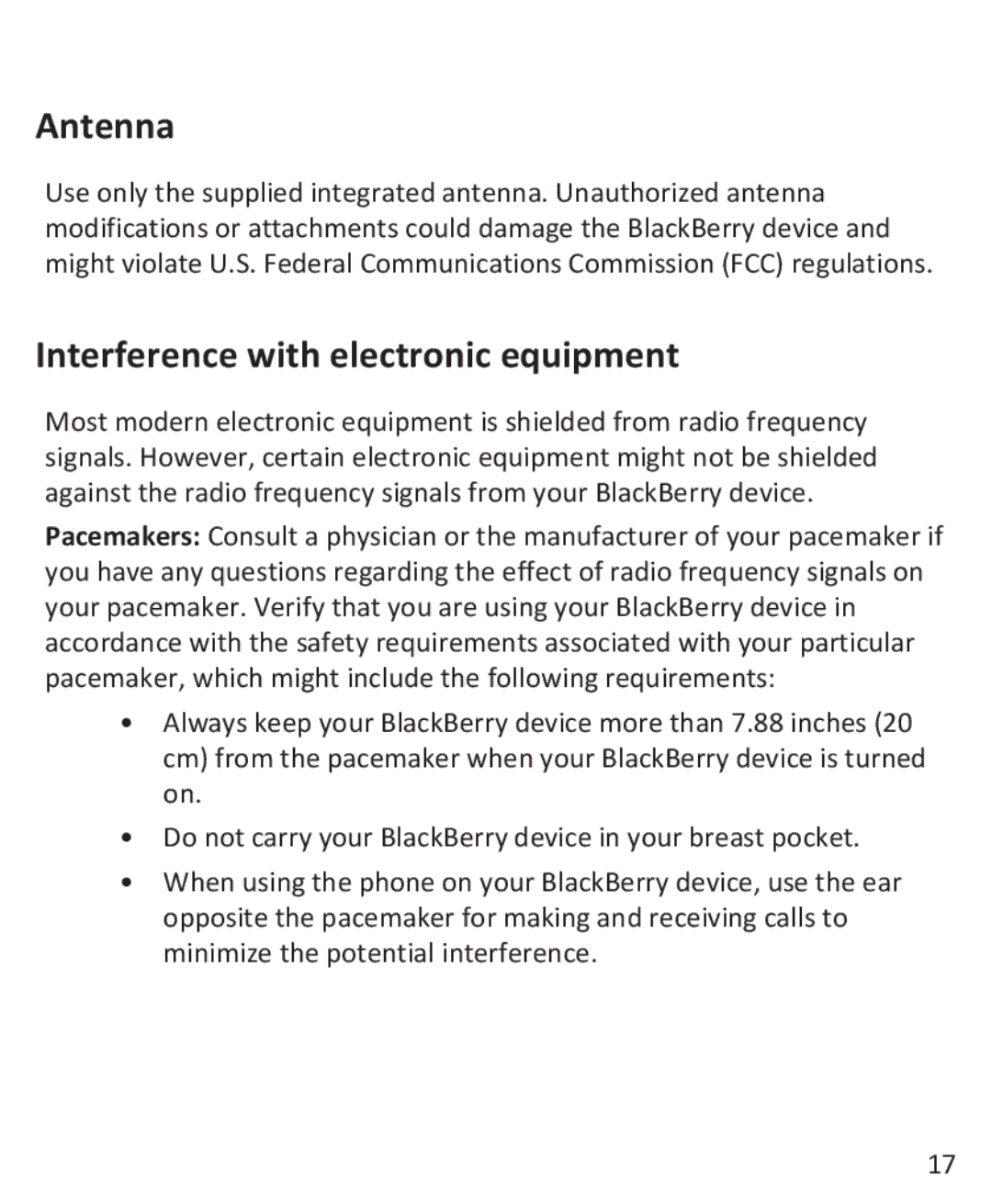 Blackberry 9900, 9930 manual Antenna, Interference with electronic equipment 