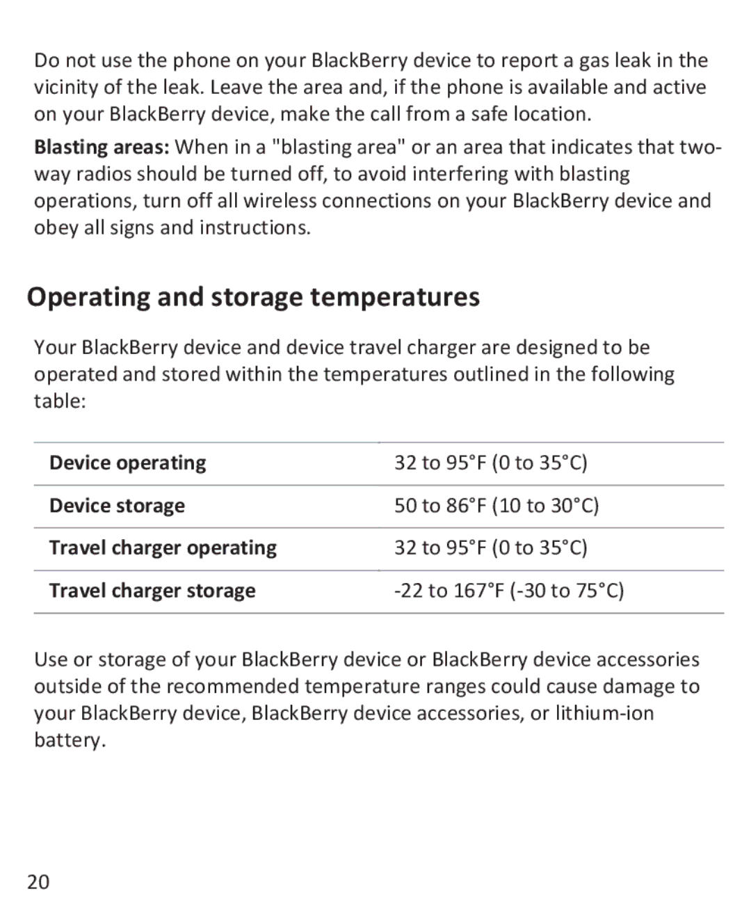 Blackberry 9930, 9900 manual Operating and storage temperatures, Travel charger storage 