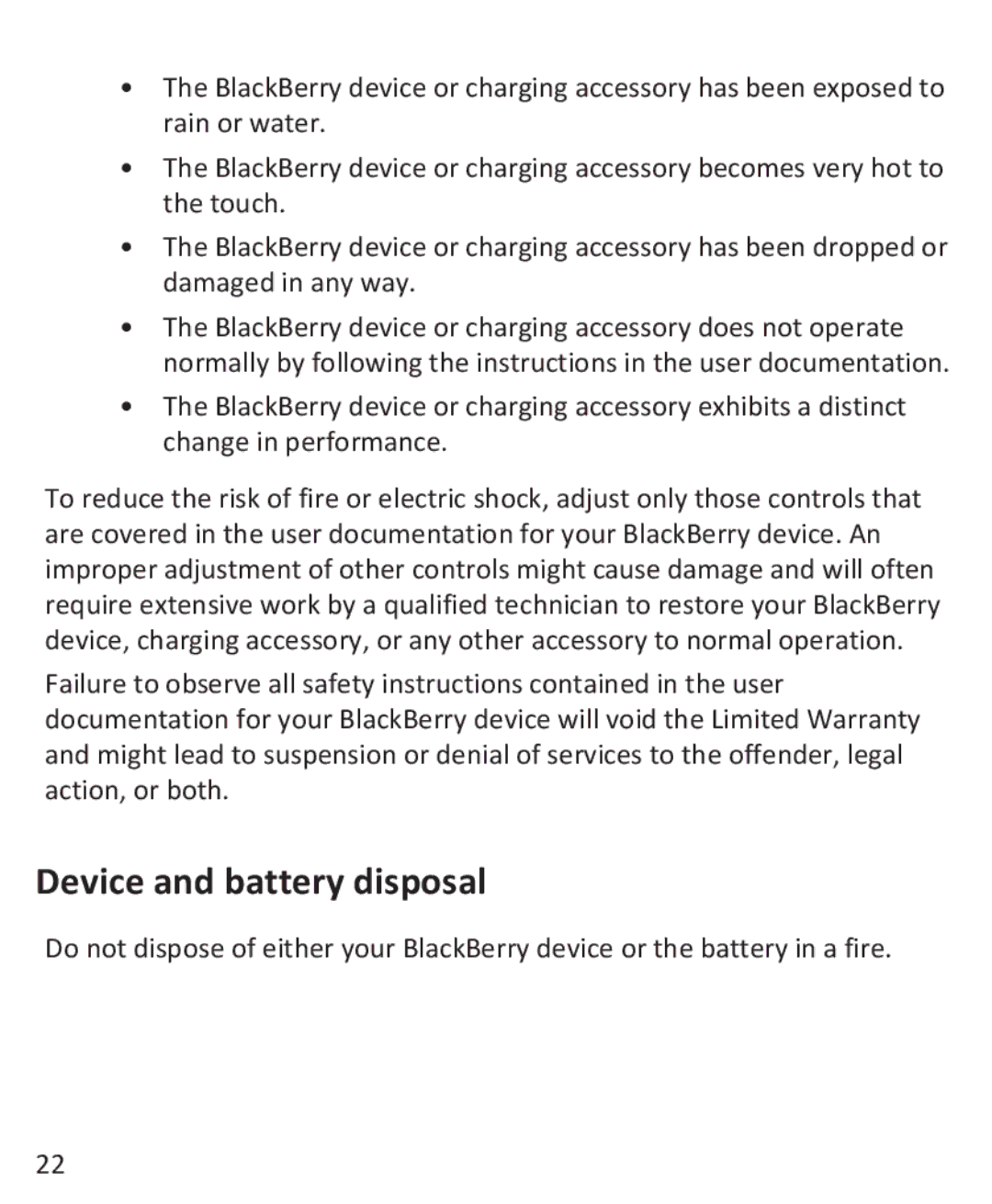 Blackberry 9930, 9900 manual Device and battery disposal 