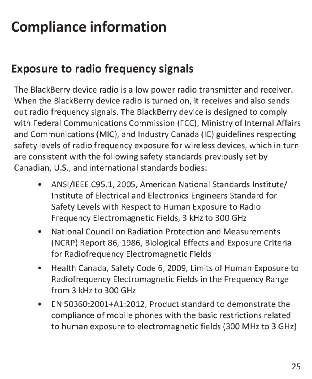 Blackberry 9900, 9930 manual Compliance information, Exposure to radio frequency signals 