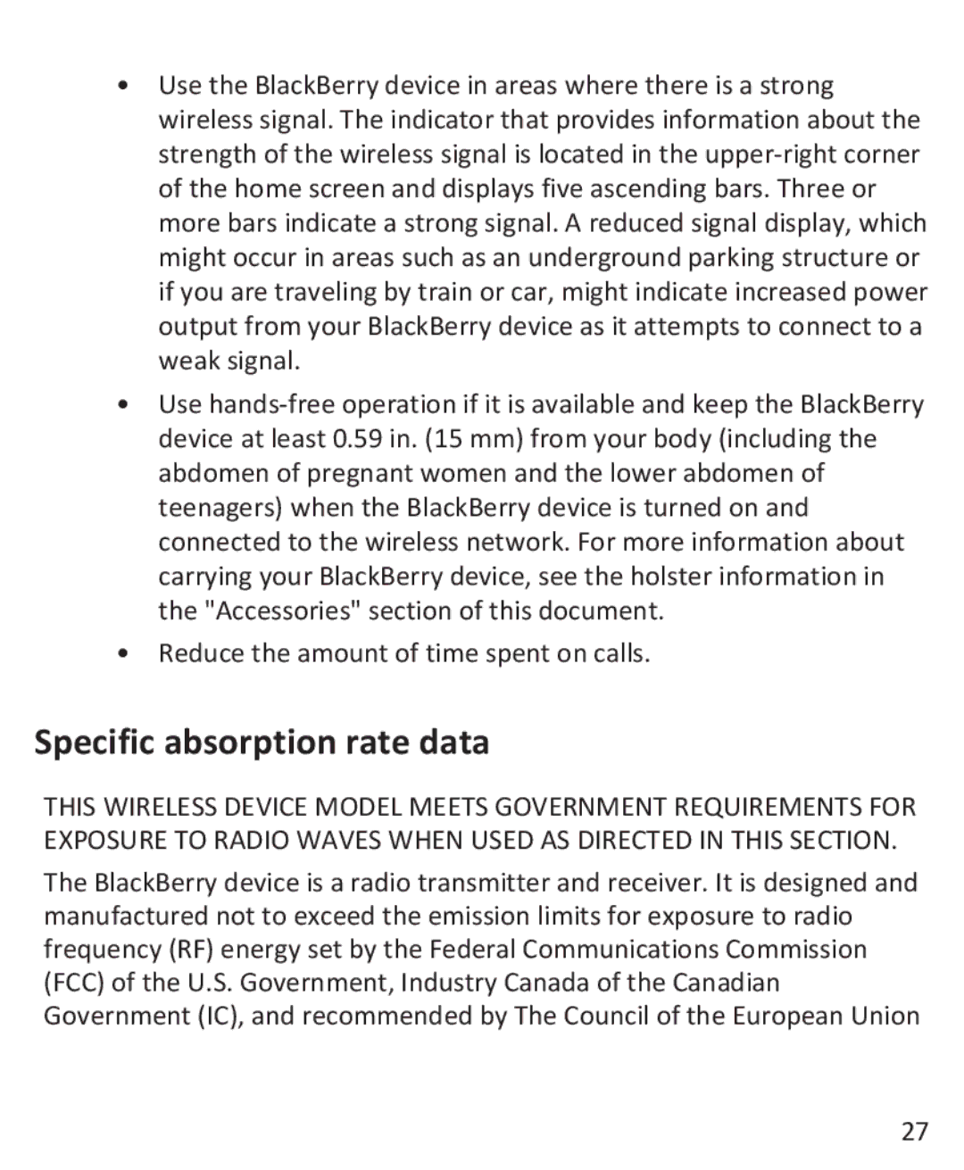 Blackberry 9900, 9930 manual Specific absorption rate data 