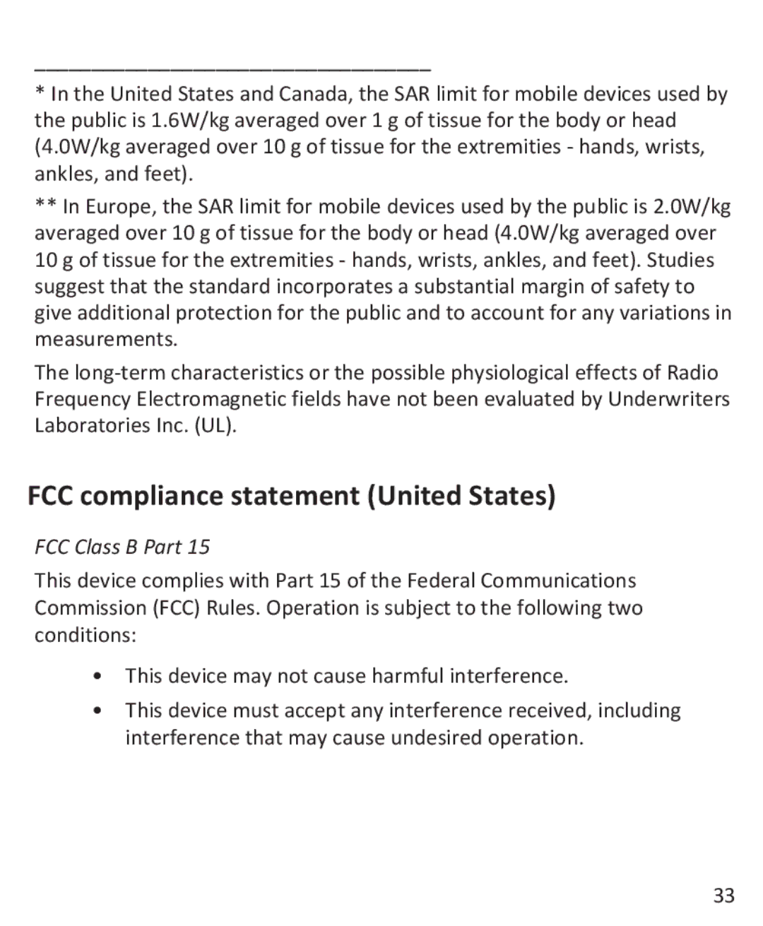 Blackberry 9900, 9930 manual FCC compliance statement United States, FCC Class B Part 