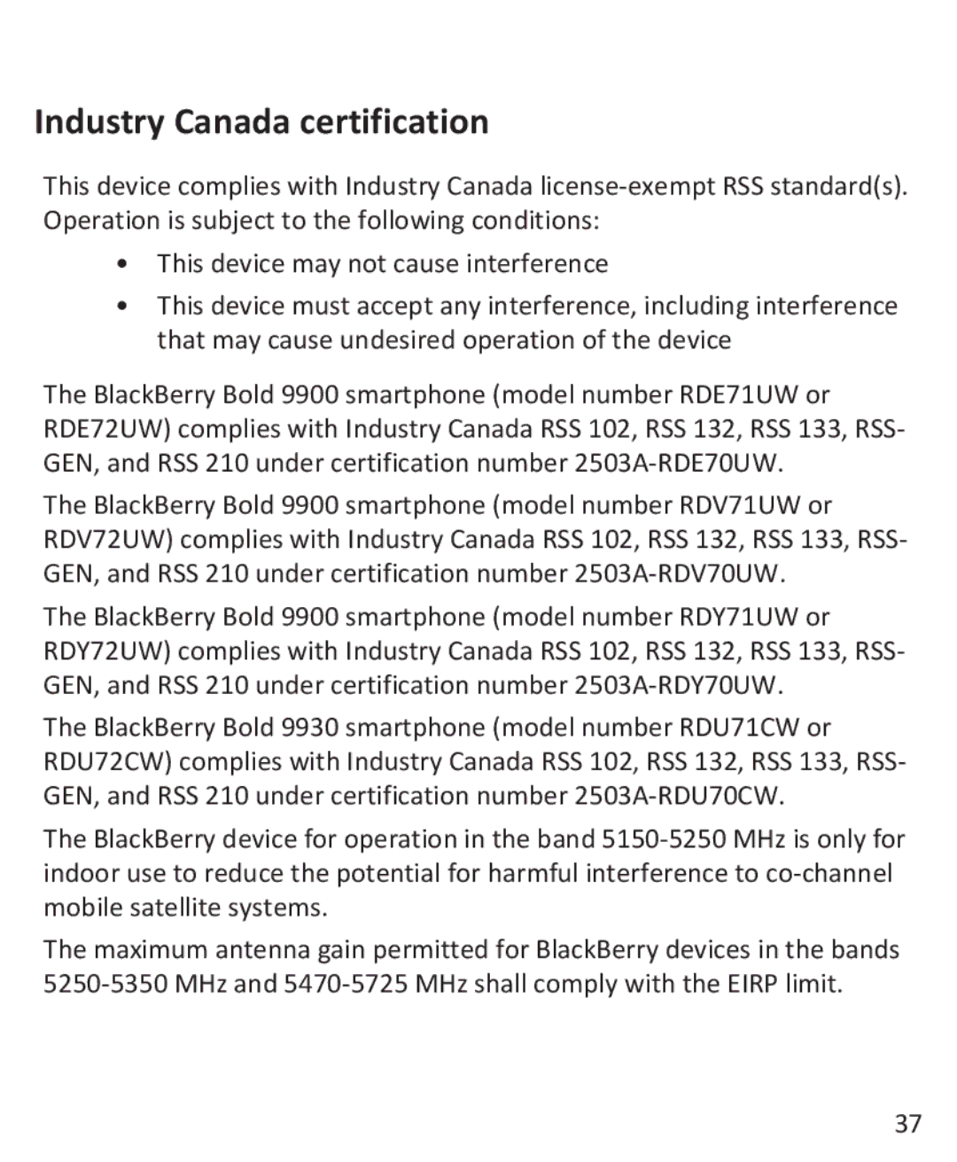 Blackberry 9900, 9930 manual Industry Canada certification 