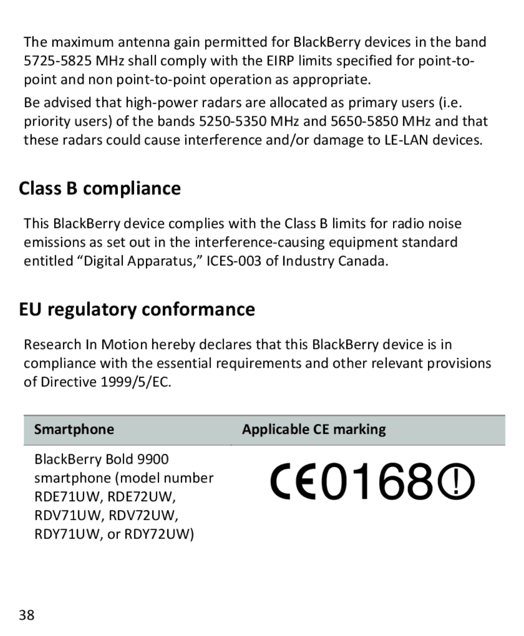 Blackberry 9930, 9900 manual Class B compliance, EU regulatory conformance 