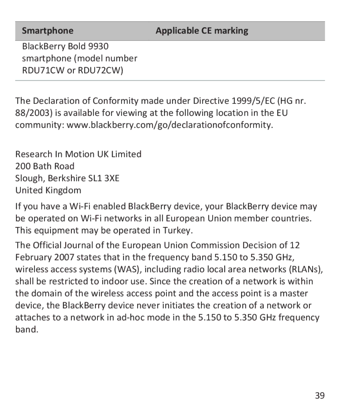 Blackberry 9900, 9930 manual Smartphone Applicable CE marking 