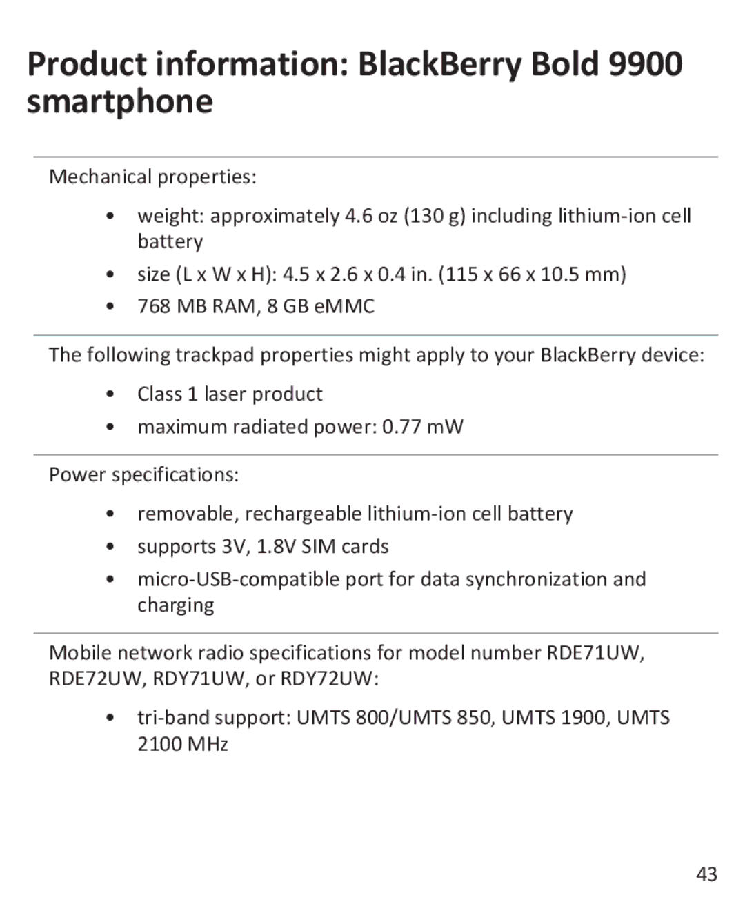 Blackberry 9930 manual Product information BlackBerry Bold 9900 smartphone 