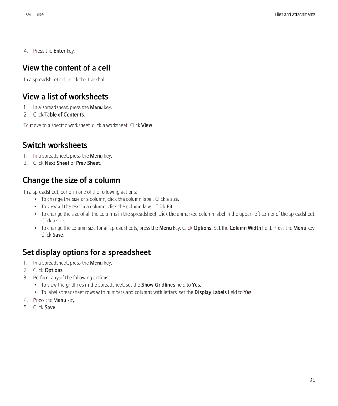 Blackberry BB9630TOUR manual View the content of a cell, View a list of worksheets, Switch worksheets 