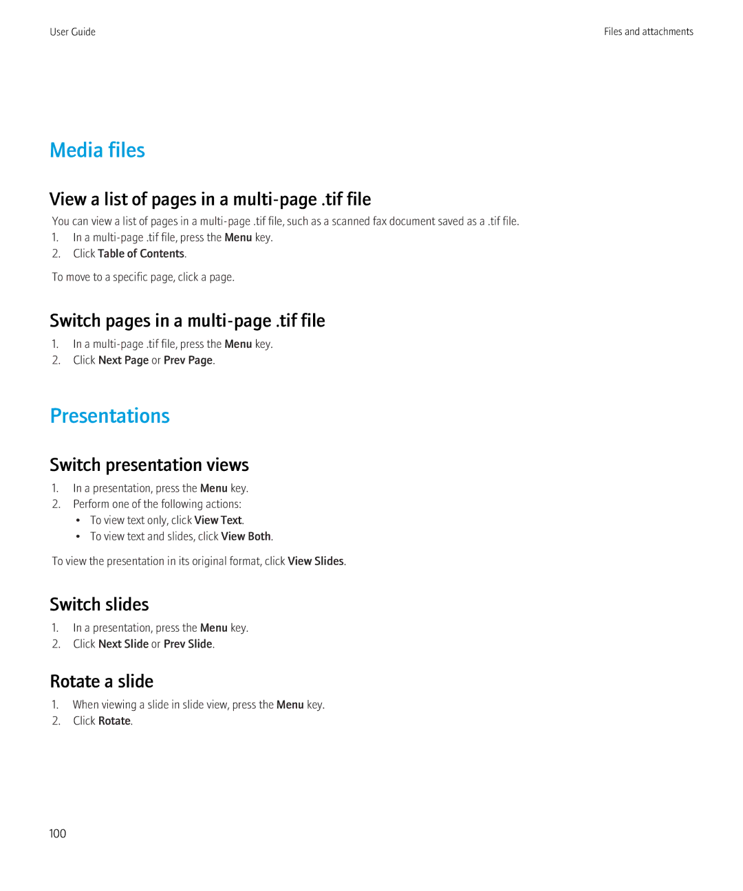 Blackberry BB9630TOUR manual Media files, Presentations 