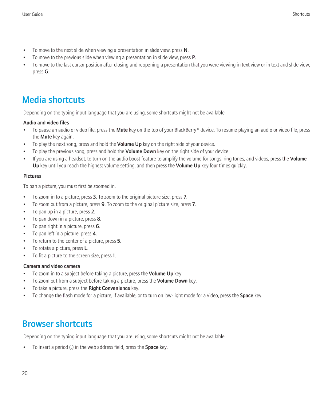 Blackberry BB9630TOUR manual Media shortcuts, Browser shortcuts 