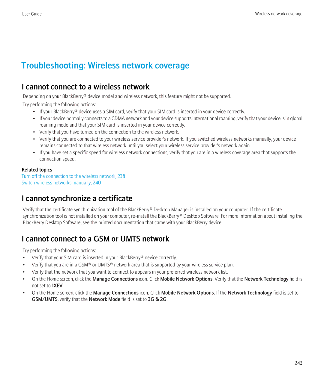 Blackberry BB9630TOUR manual Troubleshooting Wireless network coverage, Cannot connect to a wireless network 