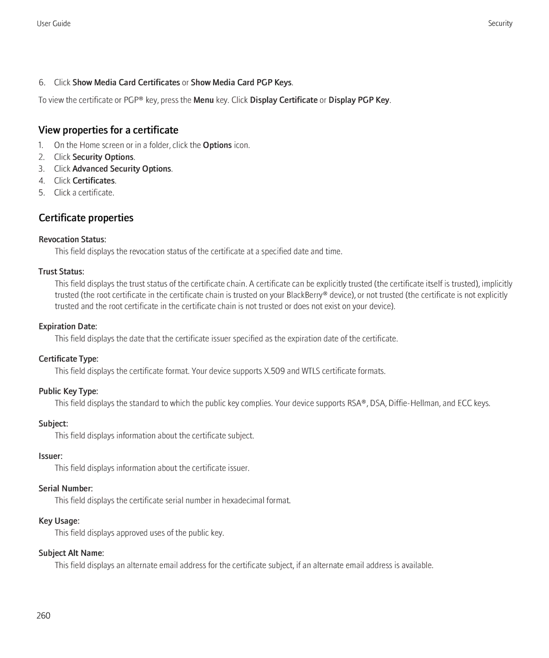 Blackberry BB9630TOUR manual View properties for a certificate, Certificate properties 