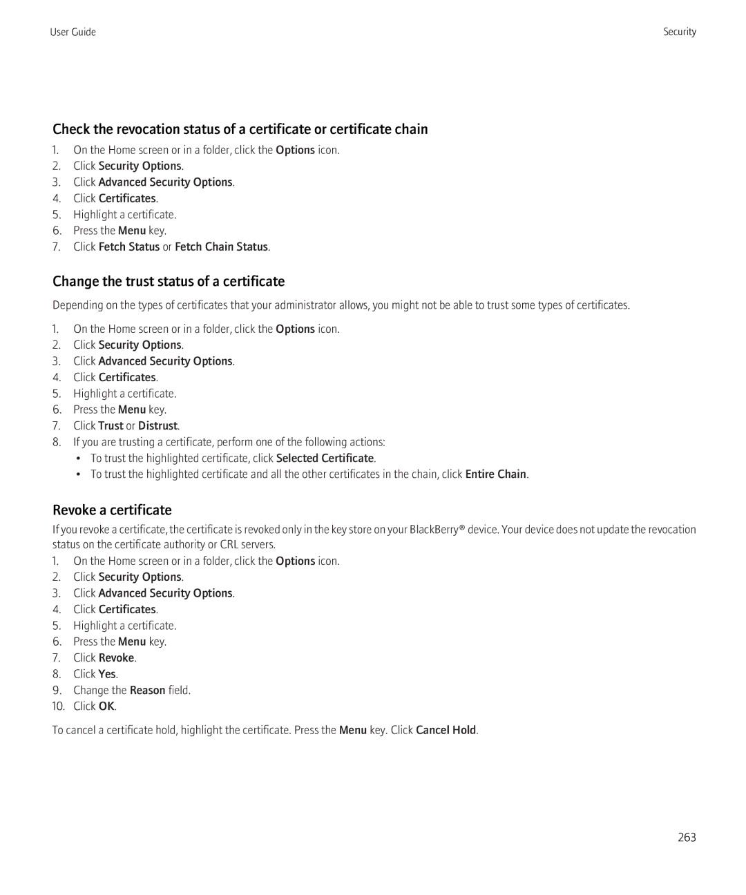 Blackberry BB9630TOUR manual Change the trust status of a certificate, Revoke a certificate 