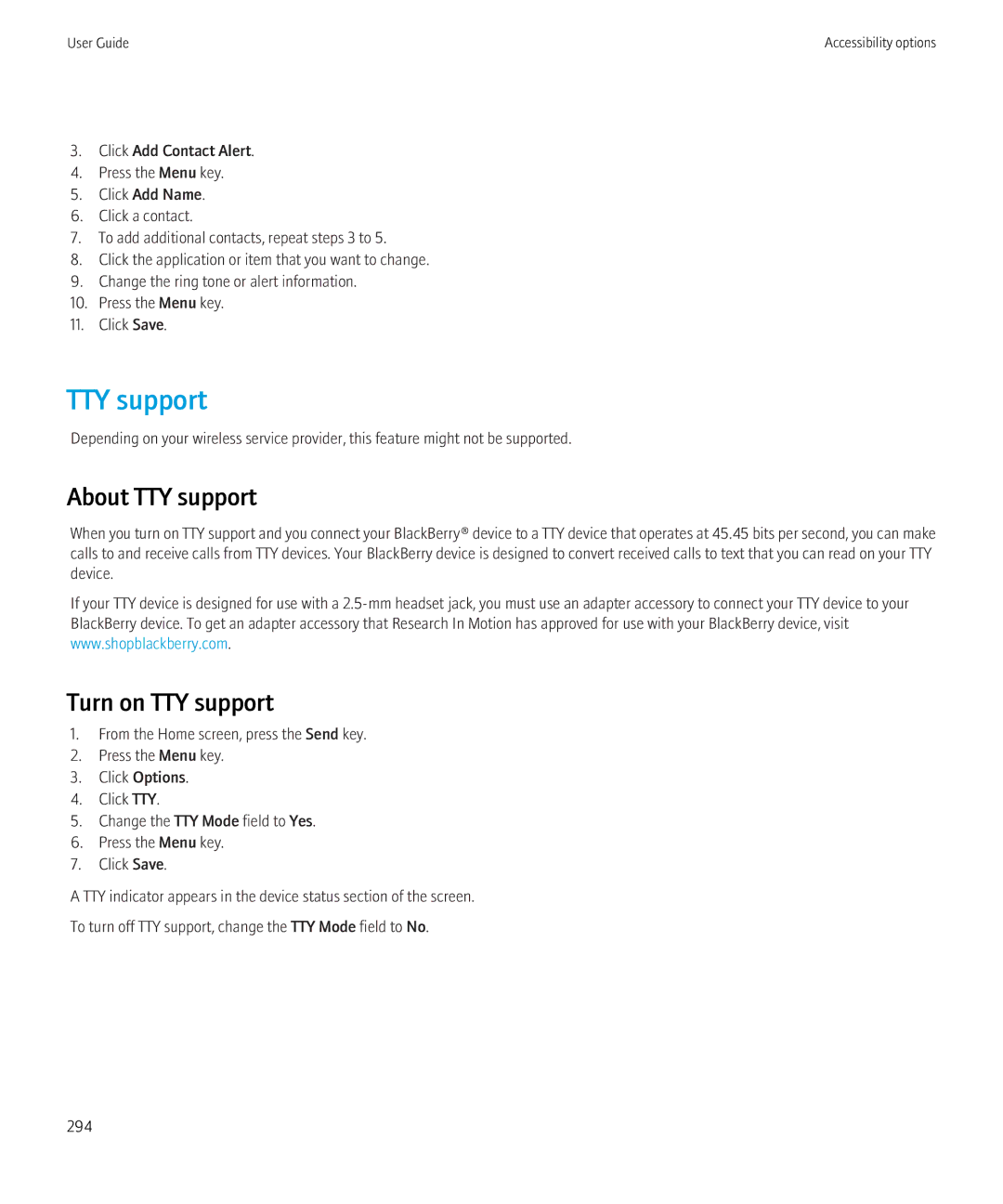 Blackberry BB9630TOUR manual About TTY support 