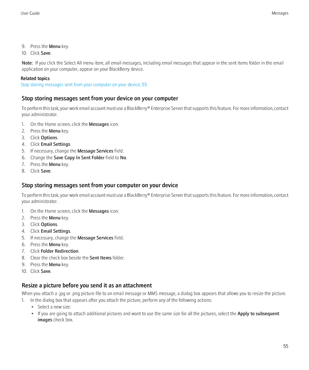 Blackberry BB9630TOUR manual Stop storing messages sent from your device on your computer 