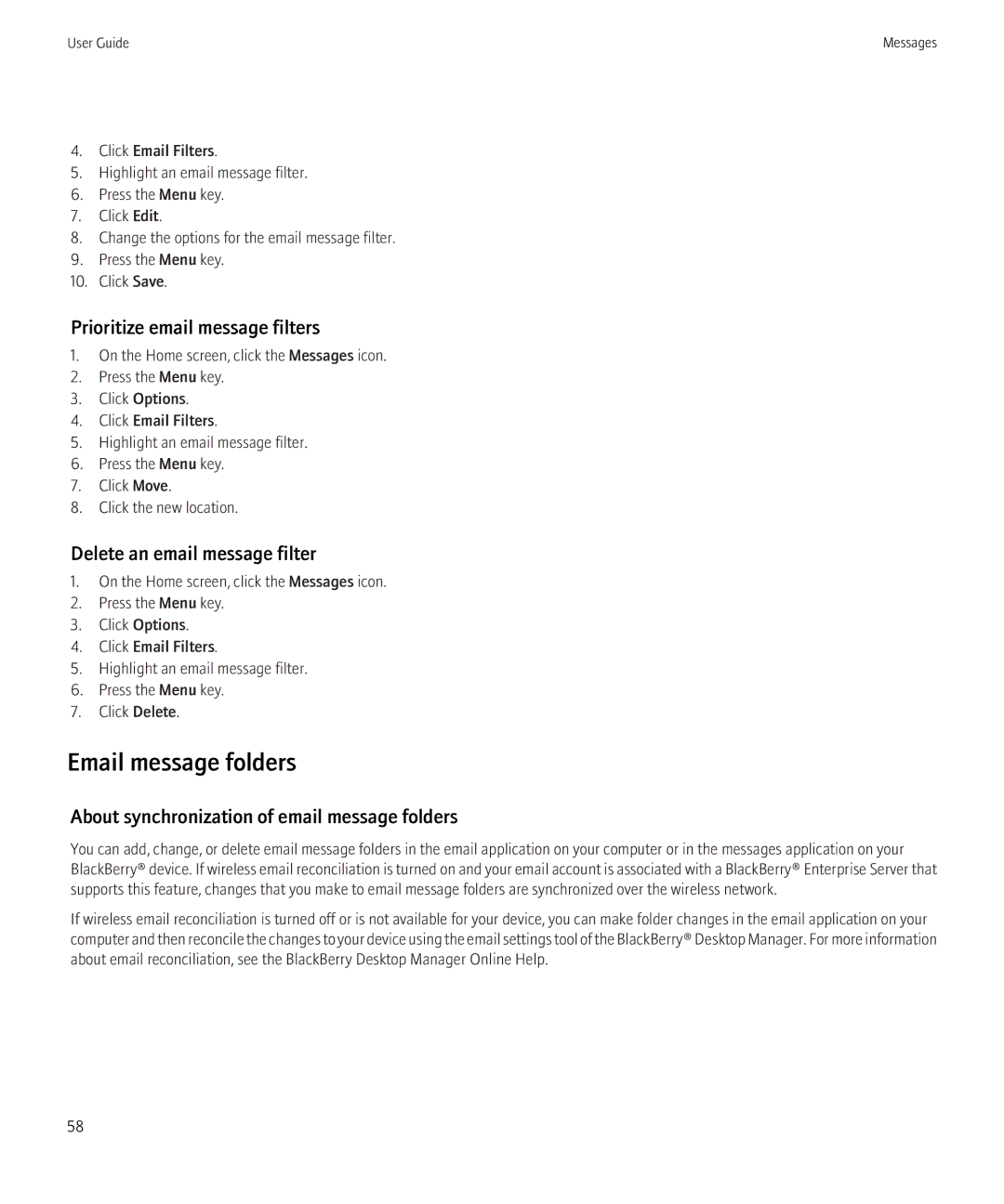 Blackberry BB9630TOUR manual Email message folders, Prioritize email message filters, Delete an email message filter 