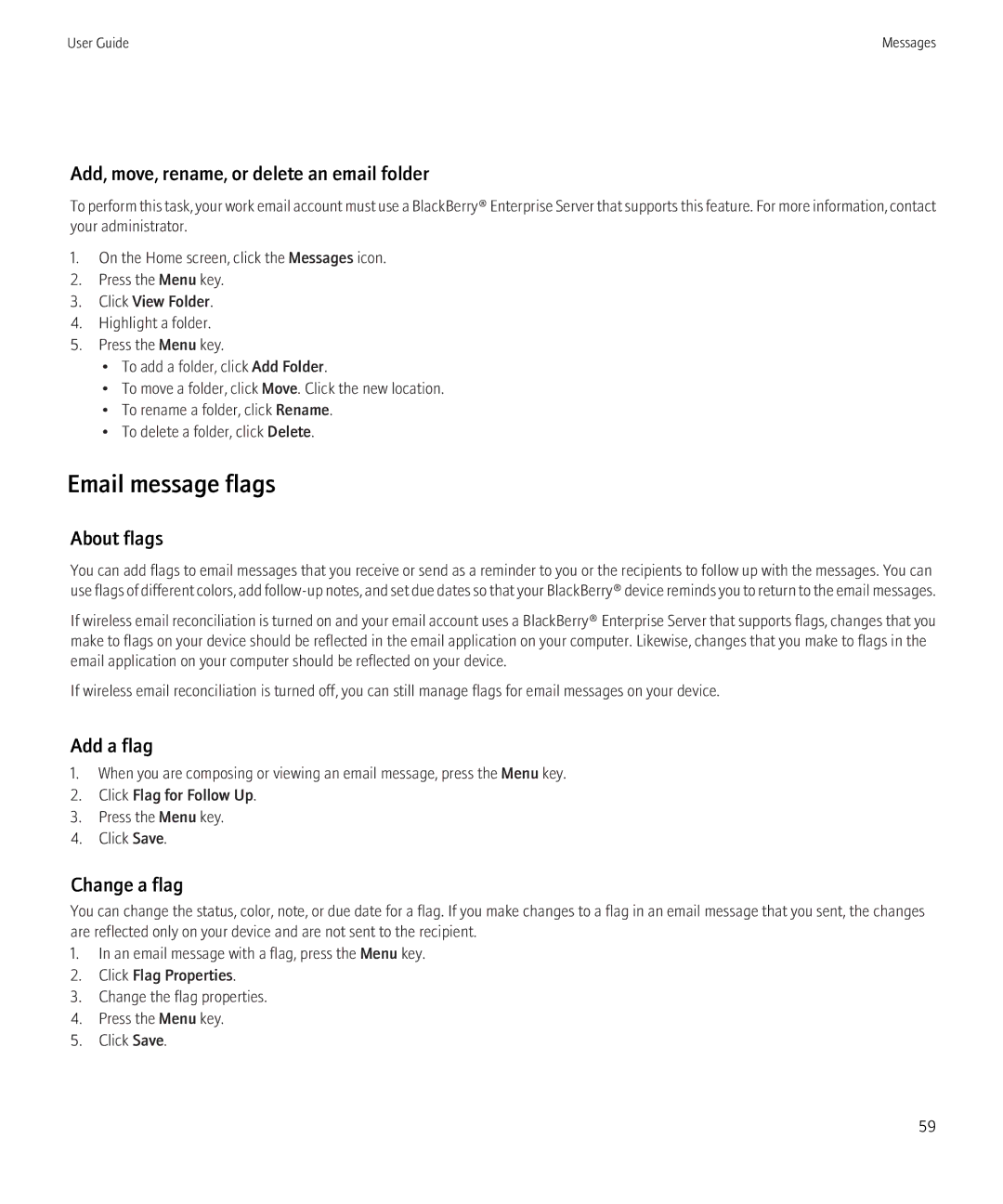 Blackberry BB9630TOUR manual Email message flags, Add, move, rename, or delete an email folder, About flags, Add a flag 