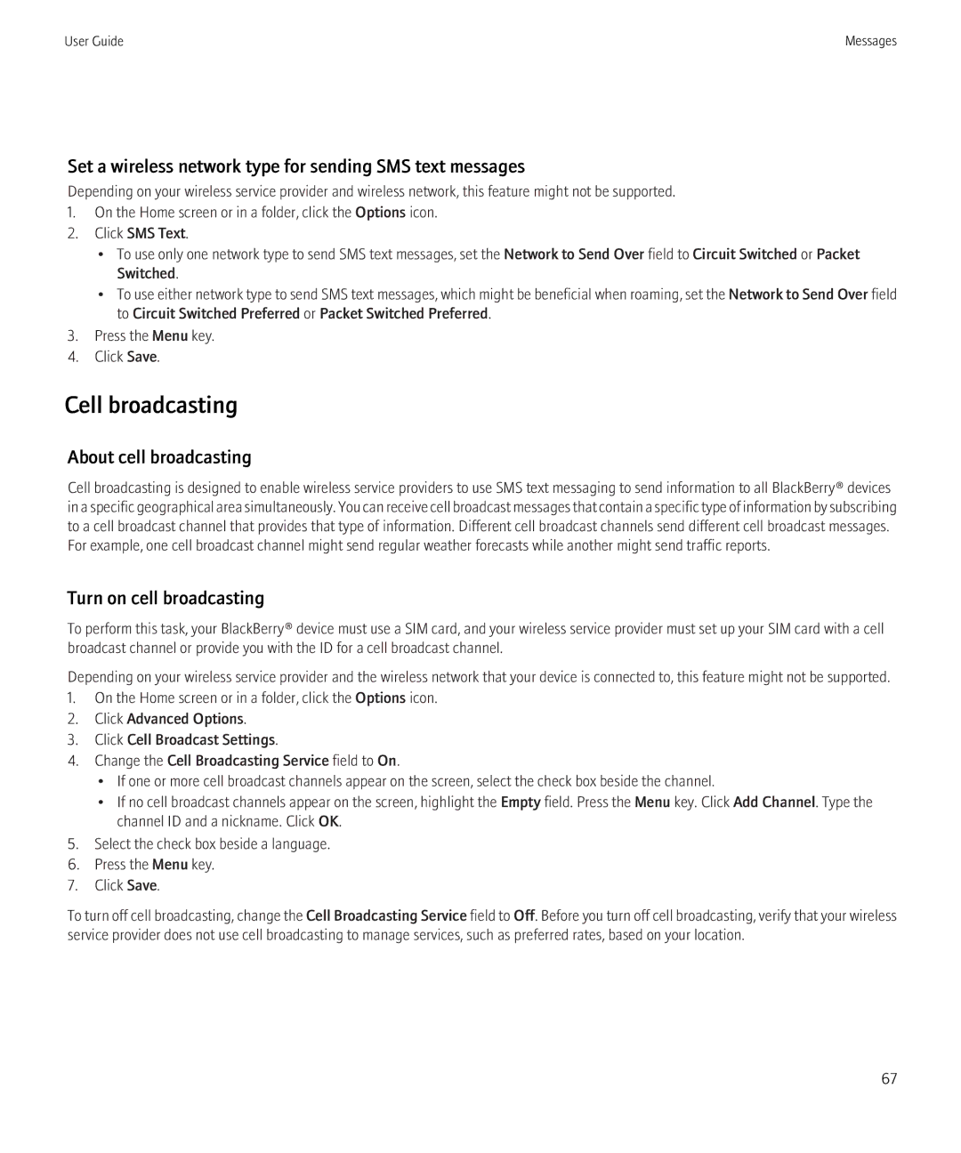 Blackberry BB9630TOUR manual Cell broadcasting, Set a wireless network type for sending SMS text messages 