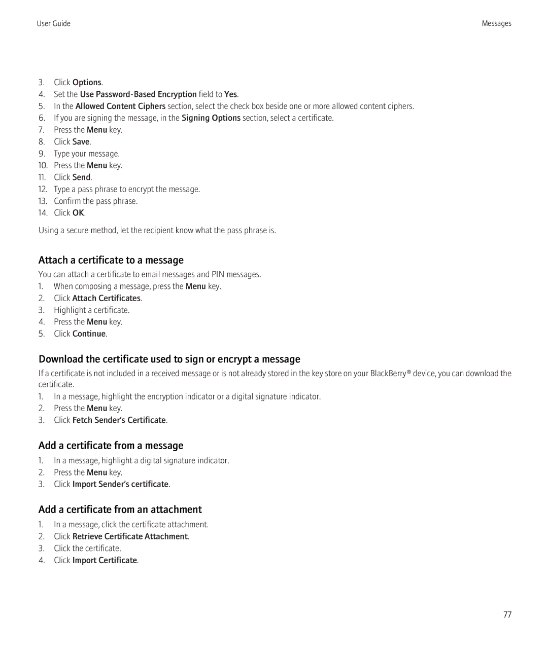 Blackberry BB9630TOUR manual Attach a certificate to a message, Download the certificate used to sign or encrypt a message 