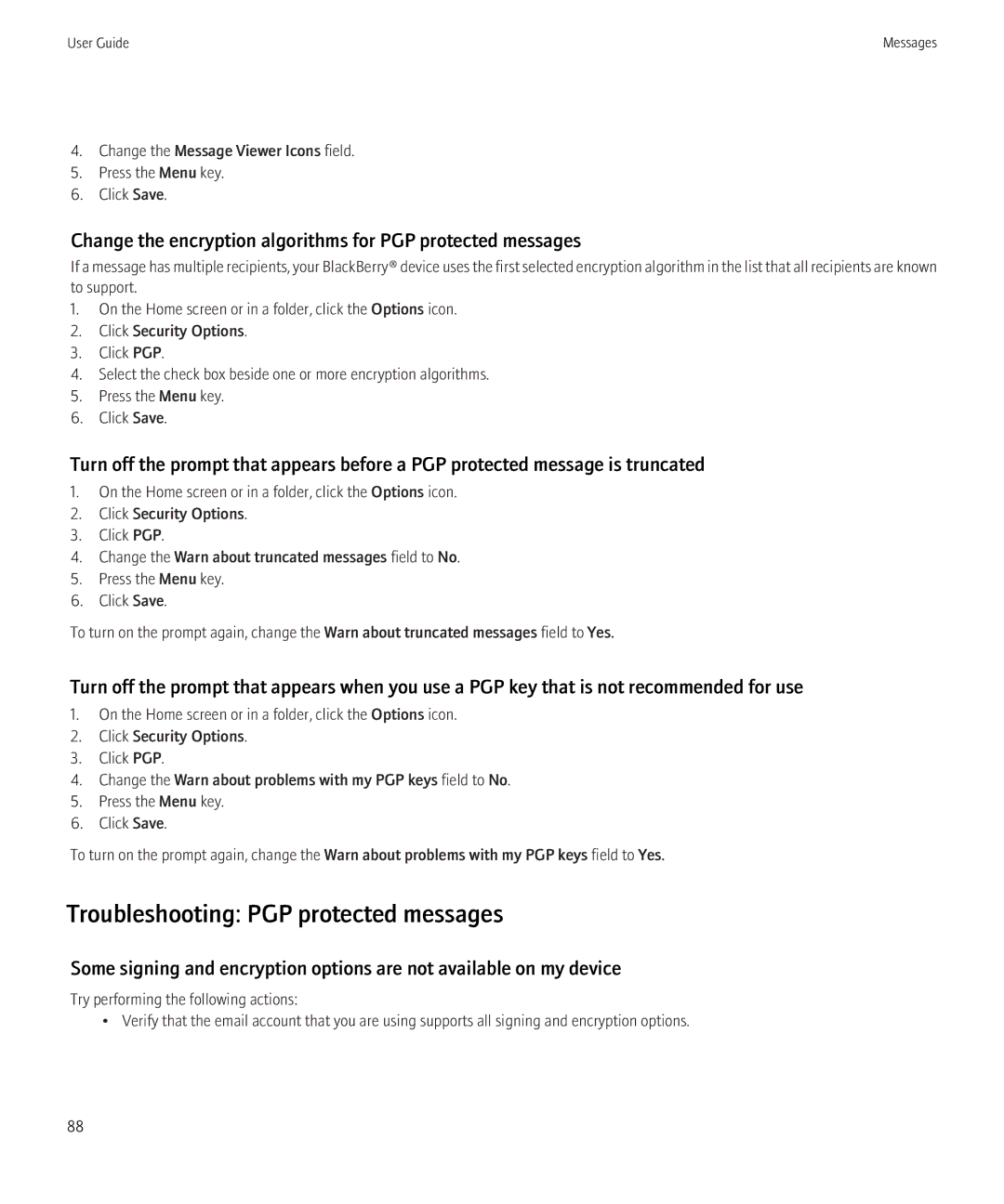 Blackberry BB9630TOUR Troubleshooting PGP protected messages, Change the encryption algorithms for PGP protected messages 