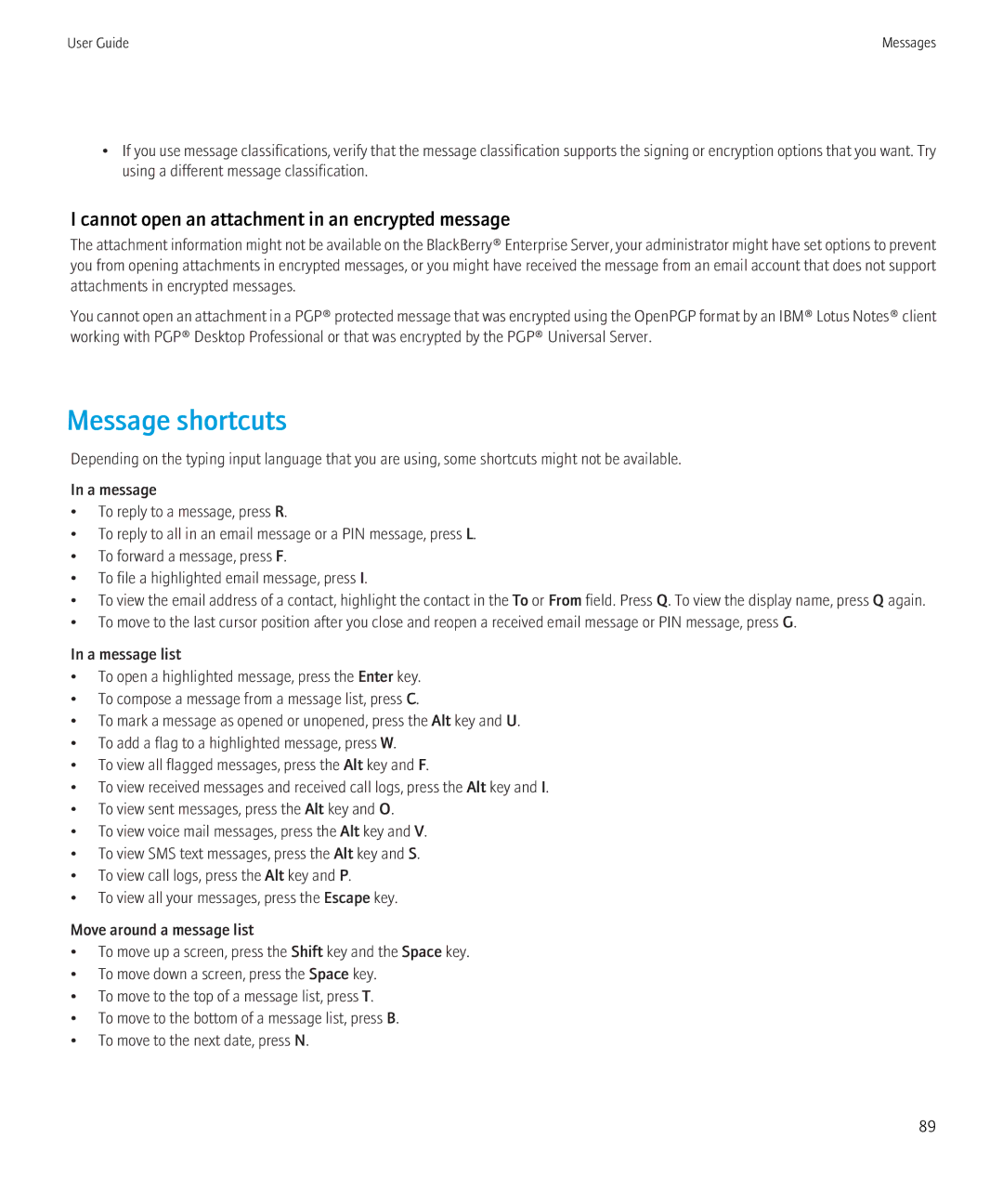 Blackberry BB9630TOUR manual Message shortcuts 