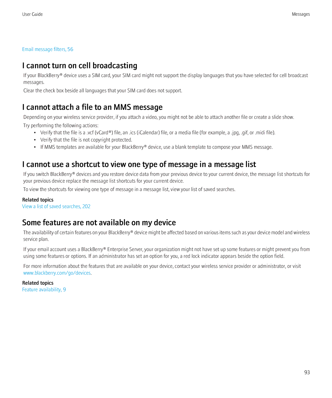 Blackberry BB9630TOUR manual Cannot turn on cell broadcasting, Cannot attach a file to an MMS message 