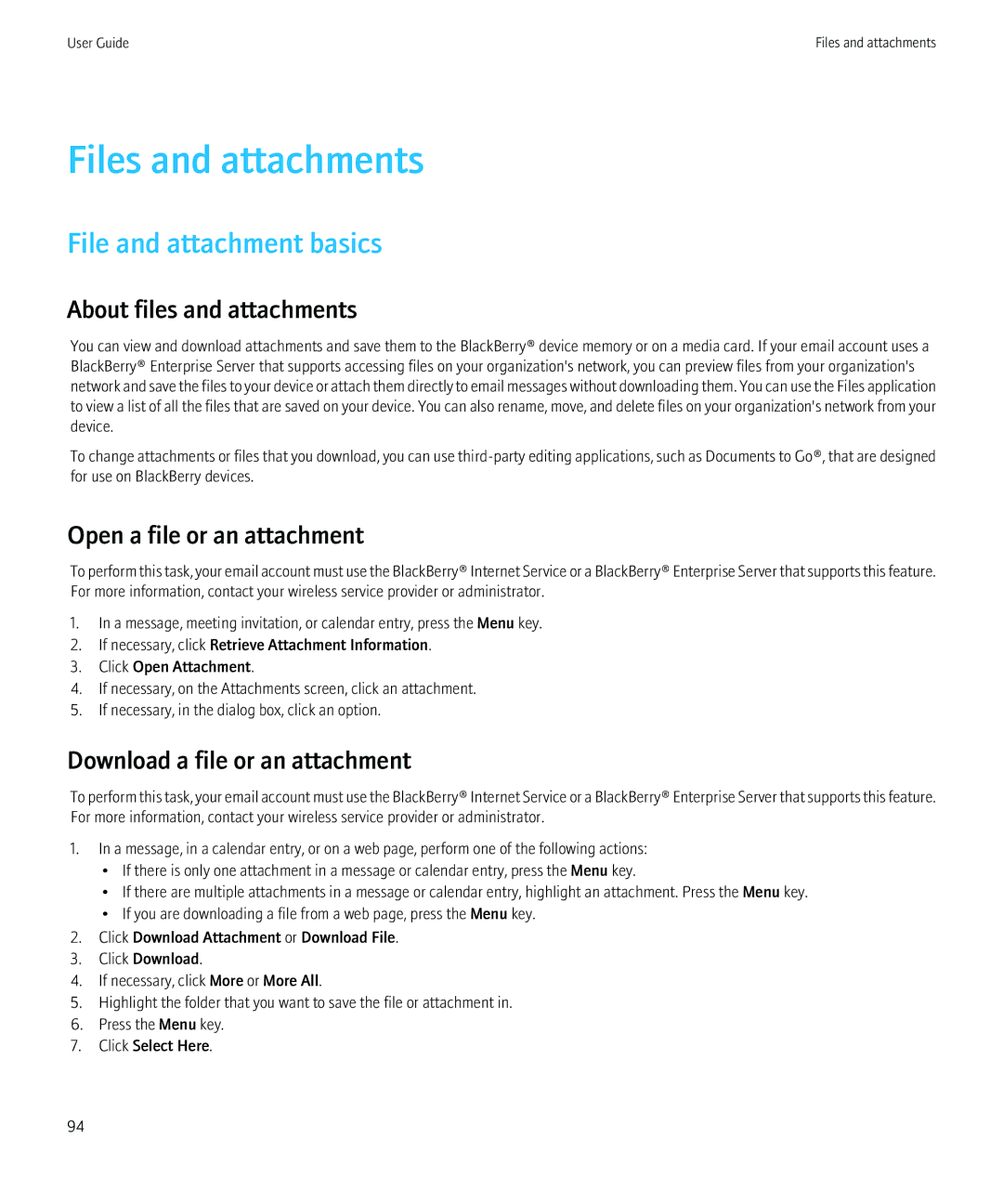 Blackberry BB9630TOUR manual Files and attachments, File and attachment basics, About files and attachments 