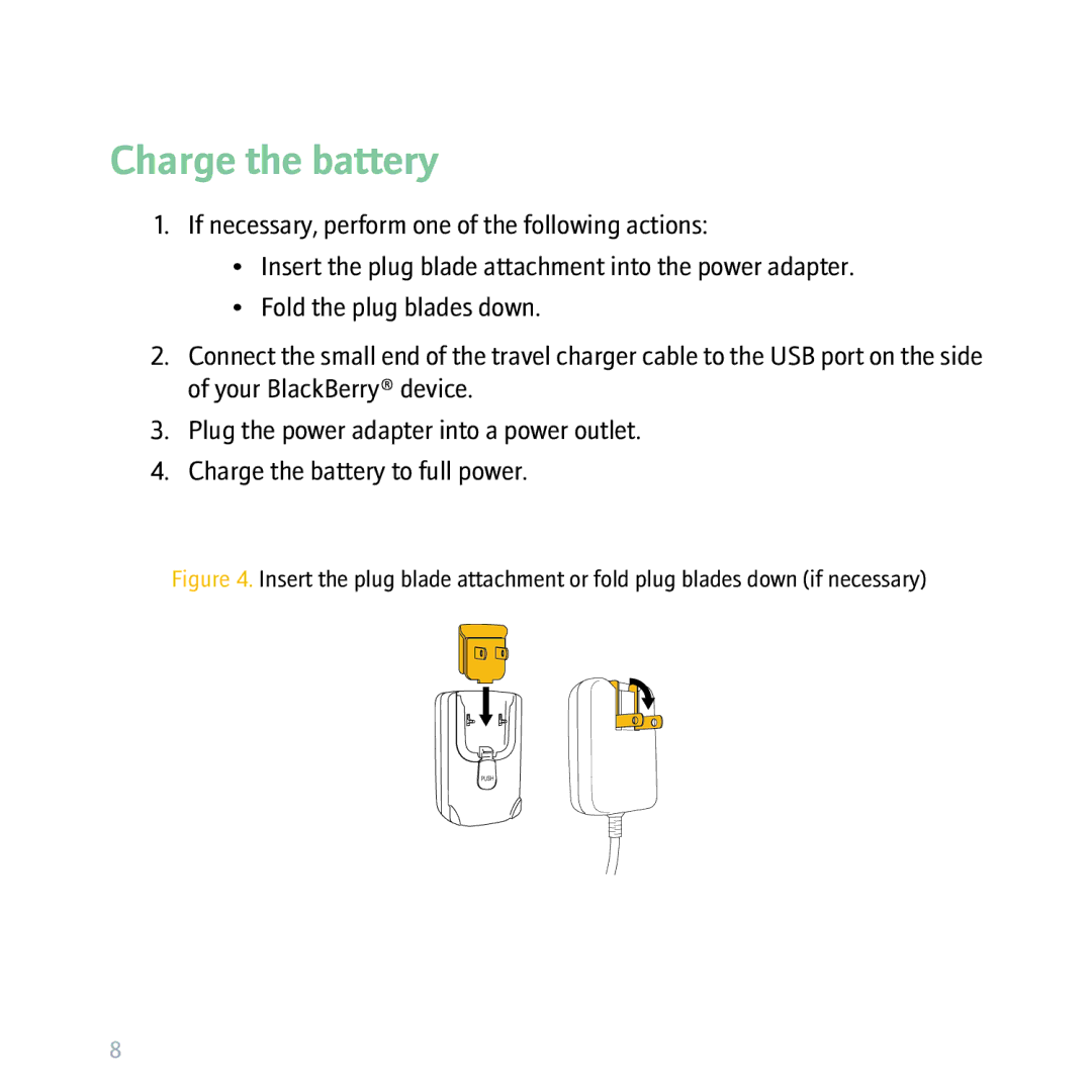 Blackberry BBCURVE, 8310 manual Charge the battery 