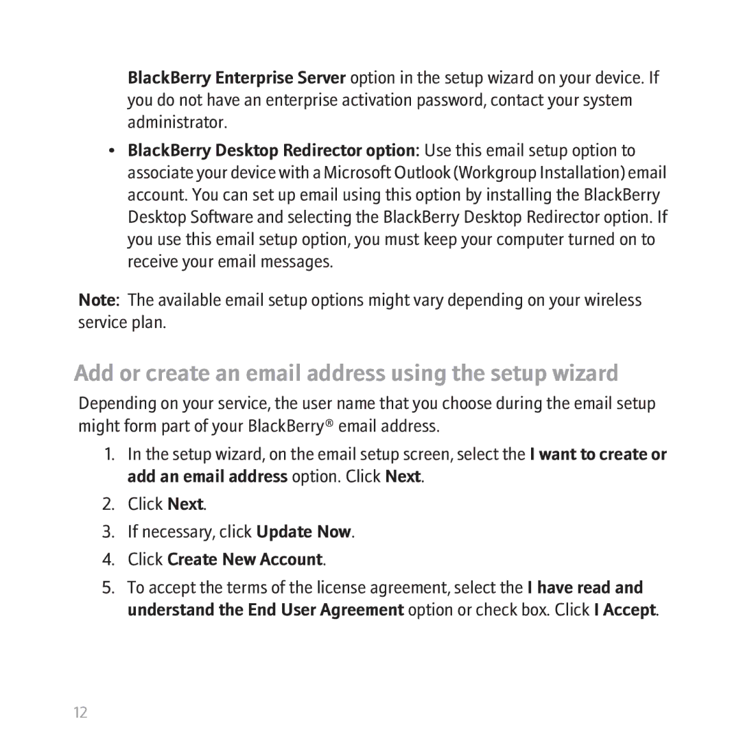 Blackberry BBCURVE, 8310 manual Add or create an email address using the setup wizard 