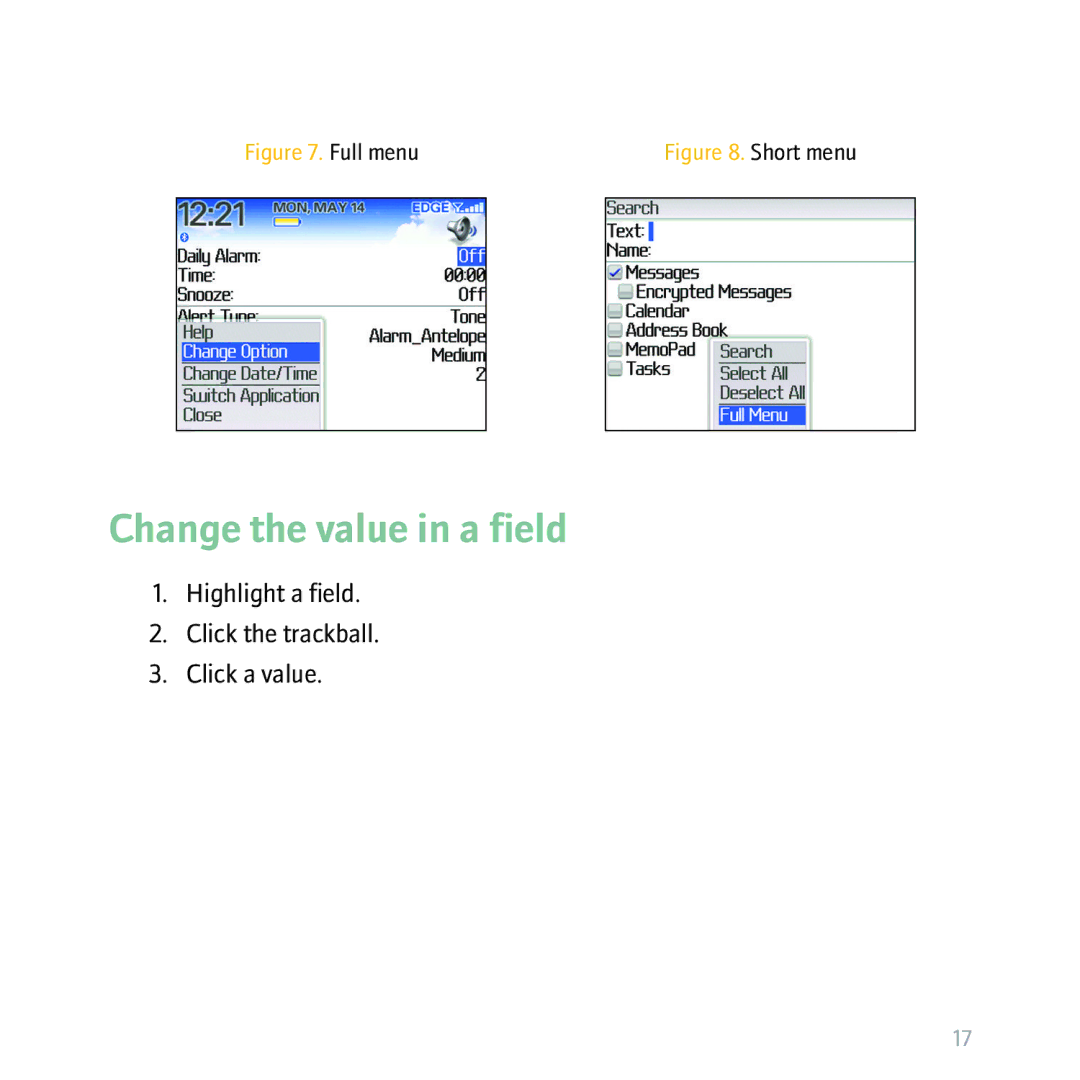 Blackberry 8310, BBCURVE manual Change the value in a field, Full menu 