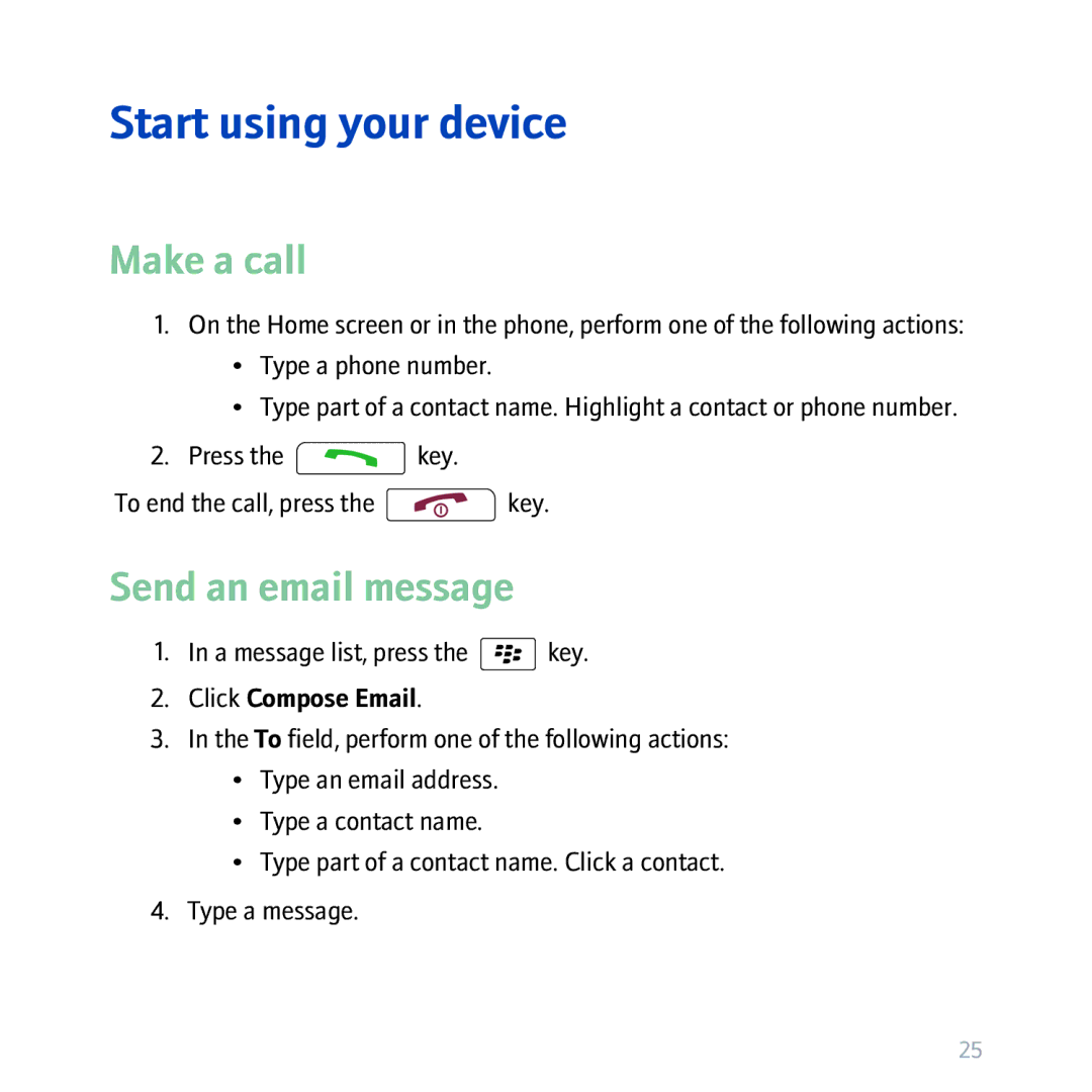 Blackberry 8310, BBCURVE manual Start using your device, Make a call, Send an email message 