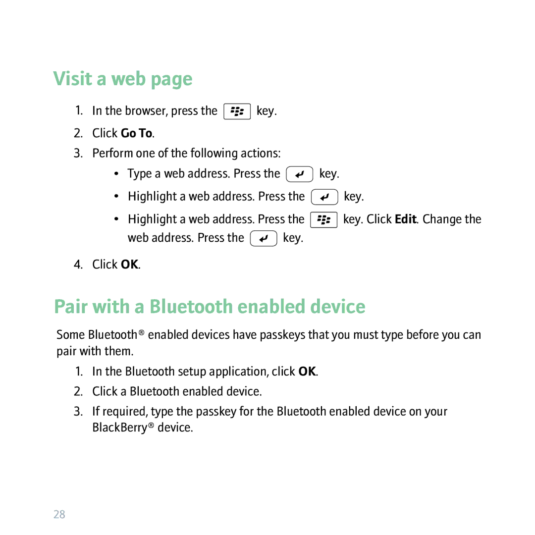 Blackberry BBCURVE, 8310 manual Visit a web, Pair with a Bluetooth enabled device 