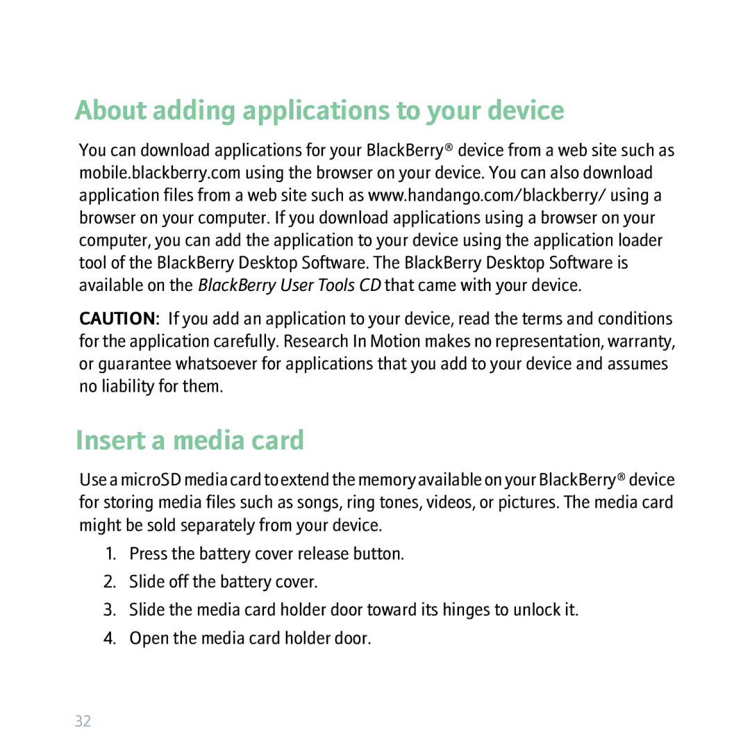 Blackberry BBCURVE, 8310 manual About adding applications to your device Insert a media card 