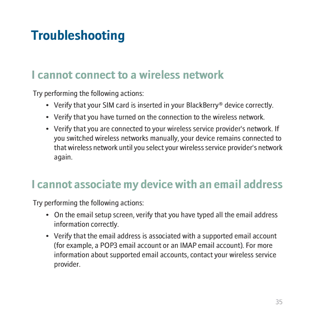 Blackberry 8310 Troubleshooting, Cannot connect to a wireless network, Cannot associate my device with an email address 