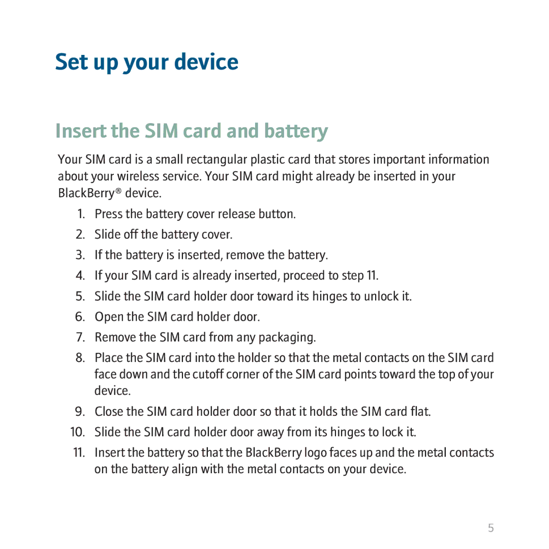 Blackberry 8310, BBCURVE manual Set up your device, Insert the SIM card and battery 