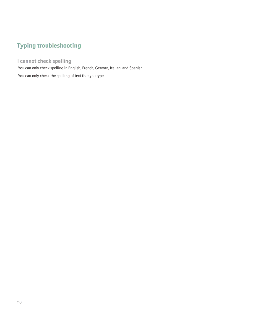 Blackberry BlackBerry 8320 manual Typing troubleshooting, Cannot check spelling 