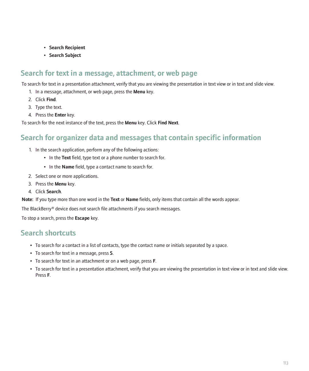 Blackberry BlackBerry 8320 manual Search for text in a message, attachment, or web, Search Recipient Search Subject 