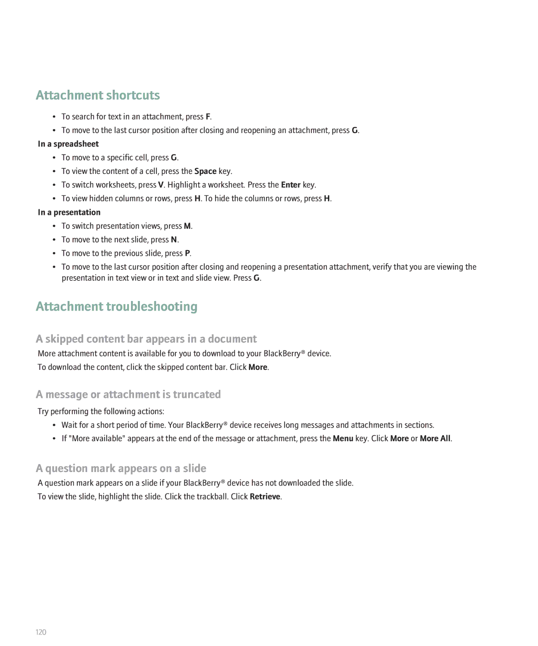 Blackberry BlackBerry 8320 manual Attachment troubleshooting, Skipped content bar appears in a document 